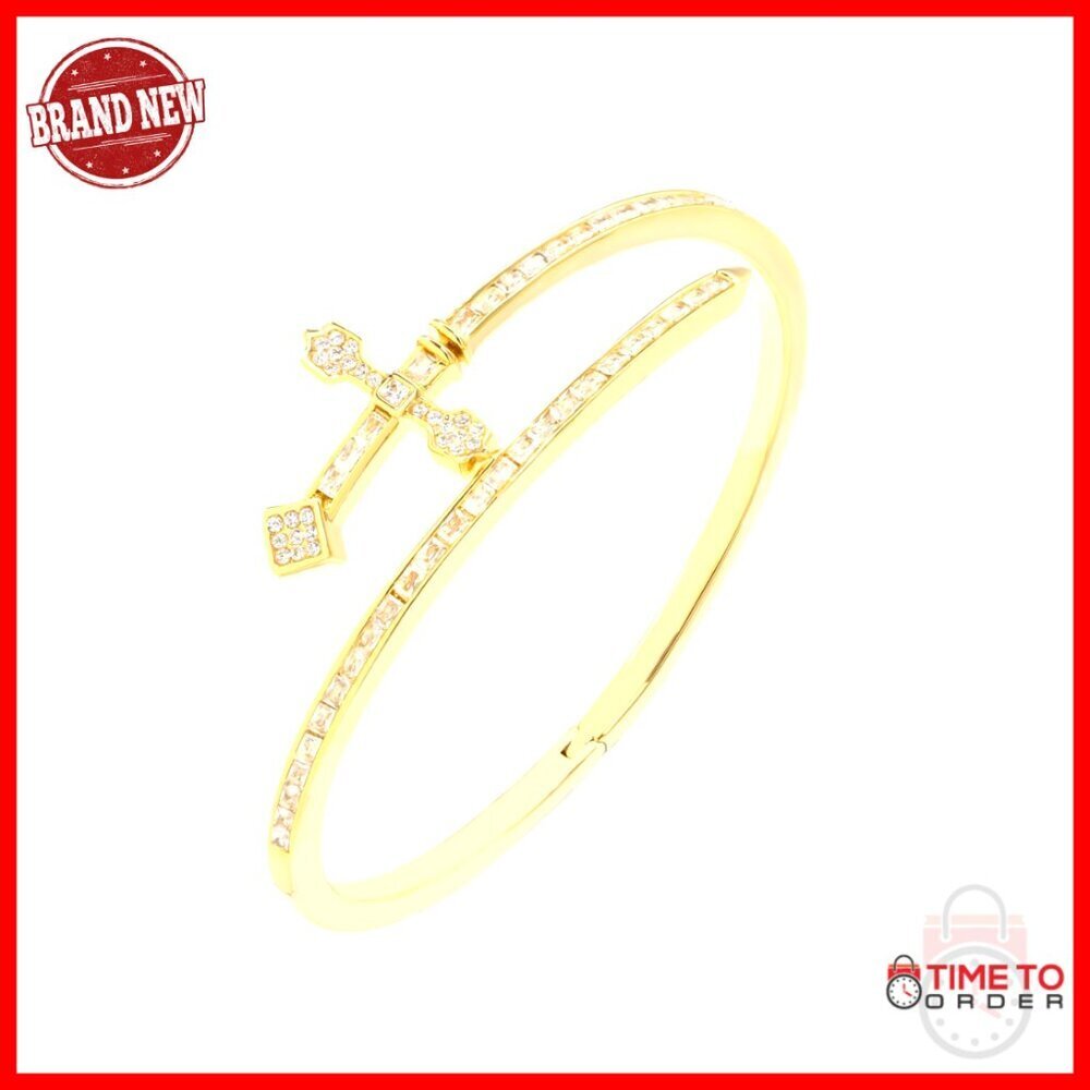 7 Inch Cuff Bracelet with Cubic Zirconia Stones, Heart Design, 14K Gold Plated